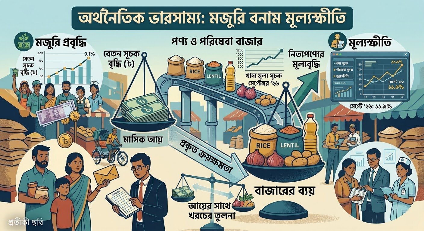 Wage increase vs inflation economic comparison conceptual illustration in Bangladesh